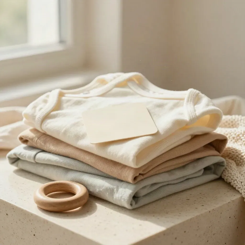 Drei gefaltete Bio-Babybodys mit Musselin, Holzgreifring und Decke auf hellem Naturstein.