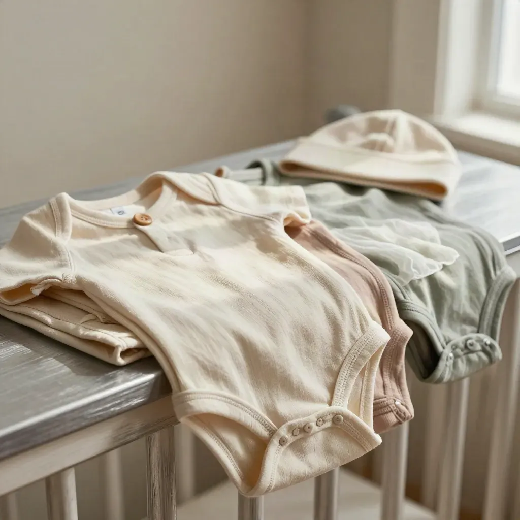 Drei Baby-Bodys in Creme, Sand und Salbei mit Mütze und Mulltuch auf hellem Untergrund.