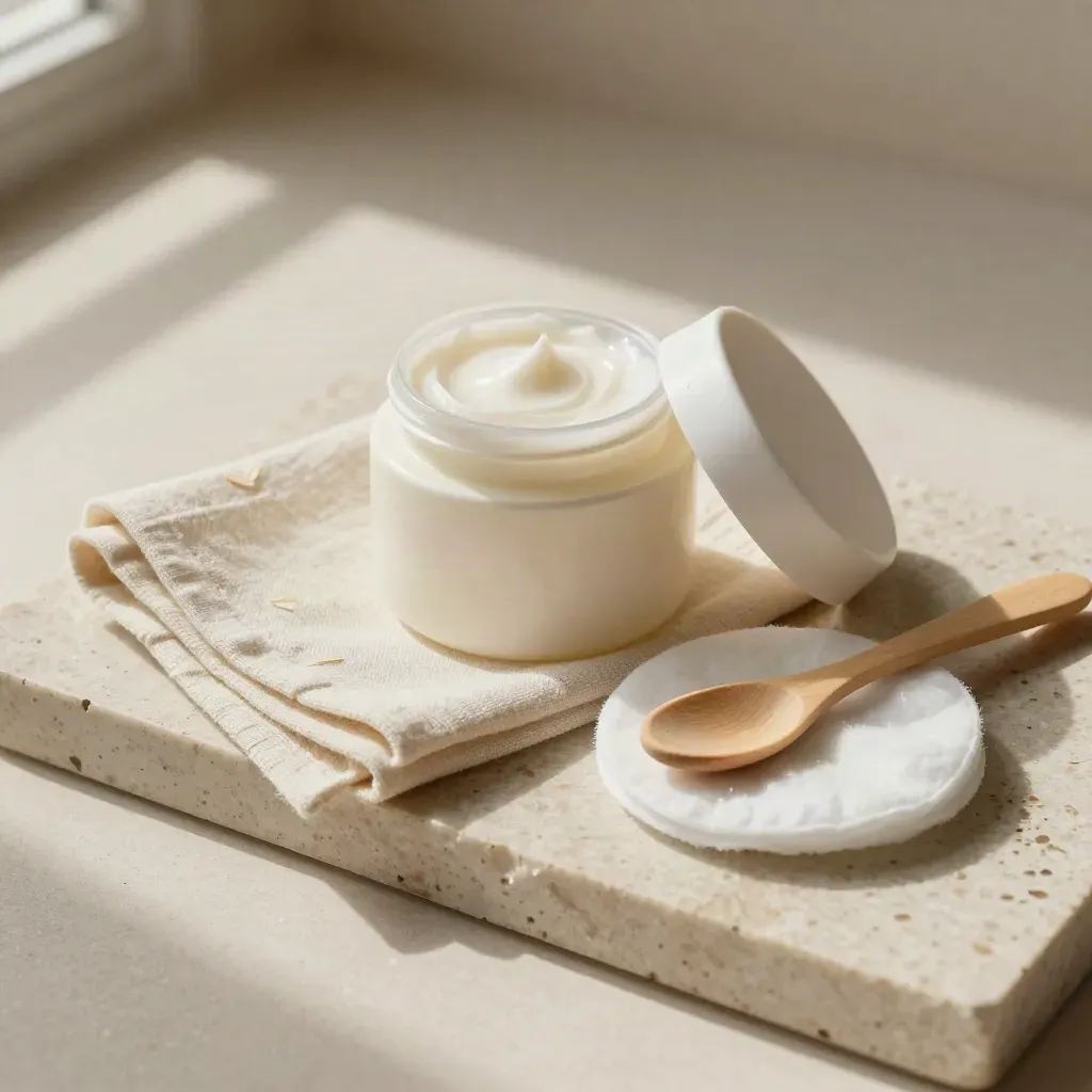 Pflegecreme im offenen Tiegel neben Tuch, Wattepad und Holzlöffel auf hellem Stein.