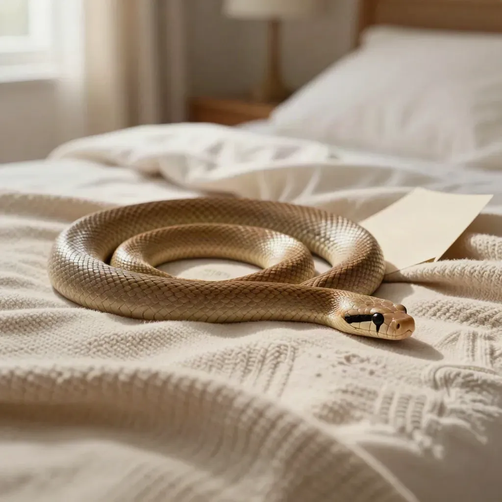 Sandfarbene Bettschlange auf hellem Bett mit Strickplaid und sanftem Licht.