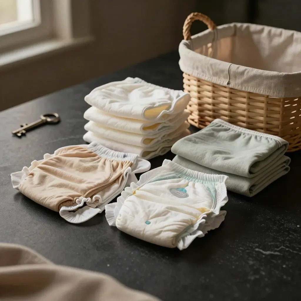 Dramatisches Stoffwindel-Set mit Überhosen, Einlagen, Wetbag und Korb auf dunkler Fläche.