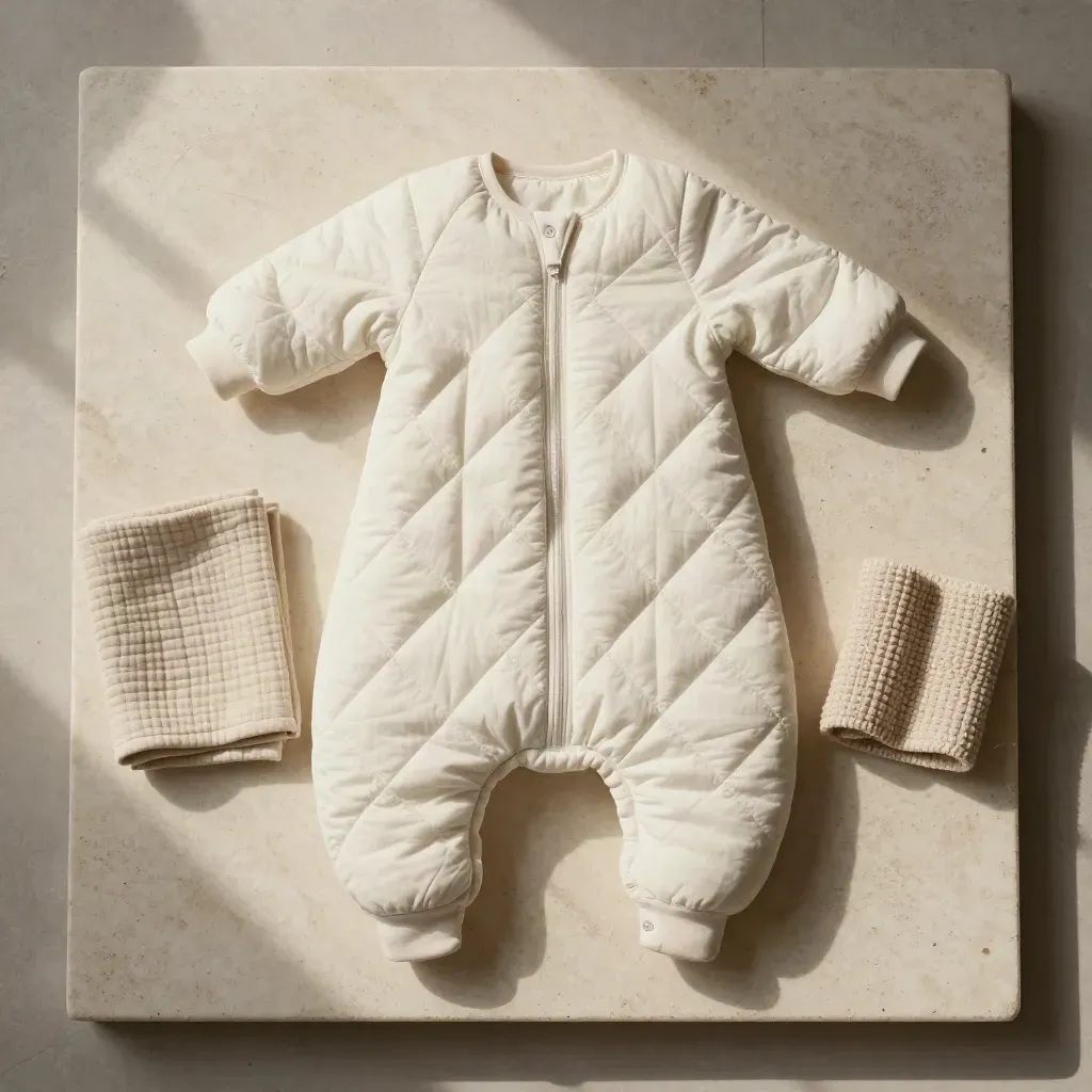 Cremefarbener Bio-Schlafsack mit Musselintuch und Strickdecke auf heller Travertinplatte.