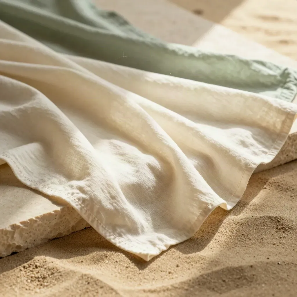 Drei Musselintücher in Sand, Creme und Sagegrün auf hellem Stein, im Gegenlicht