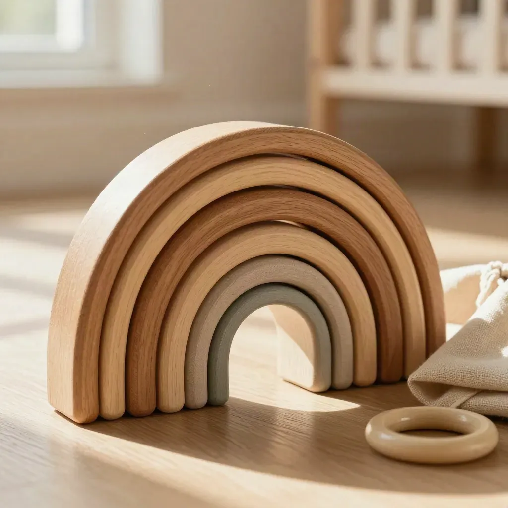 Holz-Regenbogensteckspiel mit Leinenbeutel und Ring auf hellem Holzboden im Sonnenlicht