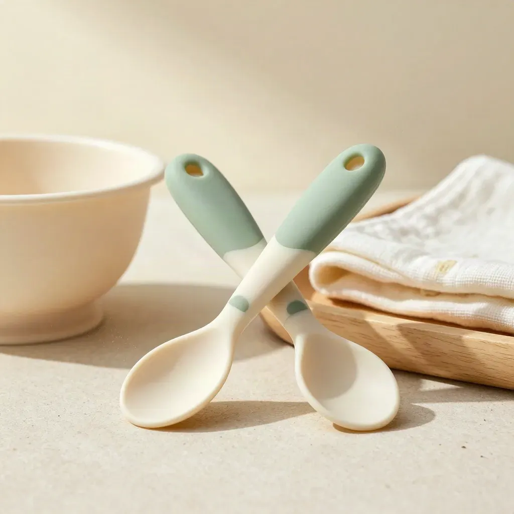 Baby-Löffel-Set aus Silikon mit Schale und Tuch in sanfter Studio-Inszenierung