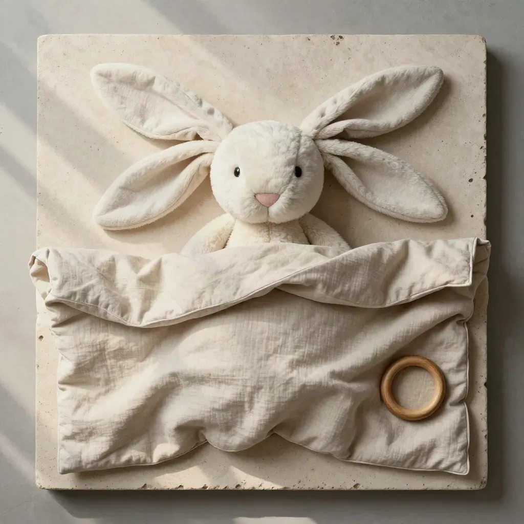 Schmusetuch-Hase mit Holzring und Mulltuch als sanfter Top-down-Flatlay.