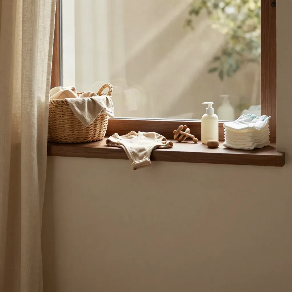 Heller Nusserzieherbereich mit Babykleidung, Korb und Fensterlicht.