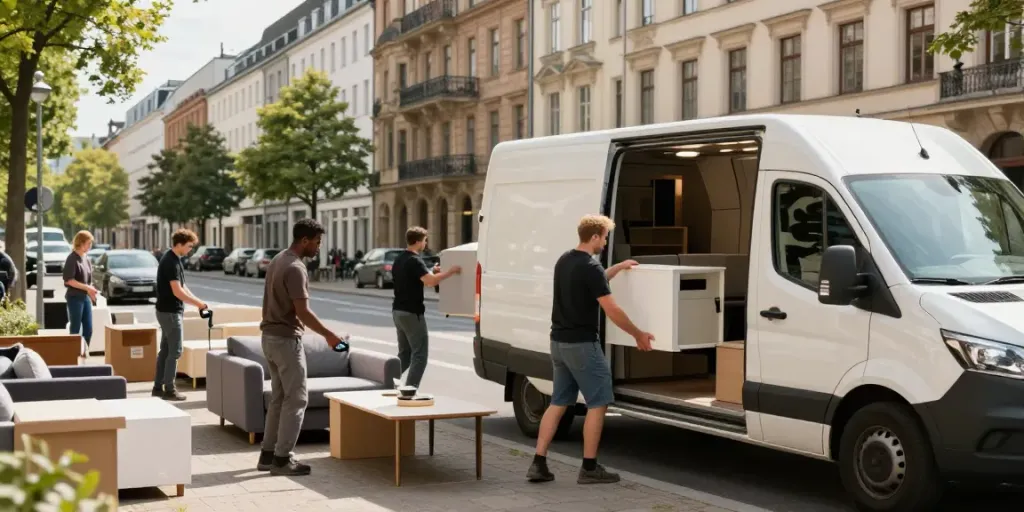 Möbeltransport Berlin team loading furniture into a moving truck in a vibrant urban neighborhood